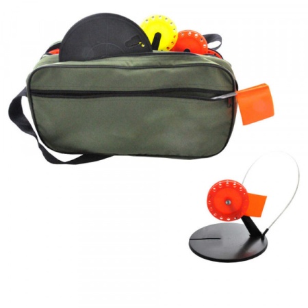 Набор жерлиц с угловой стойкой в сумке "Щукарь"с цвет. катушками d.65-90 (10шт) Три кита